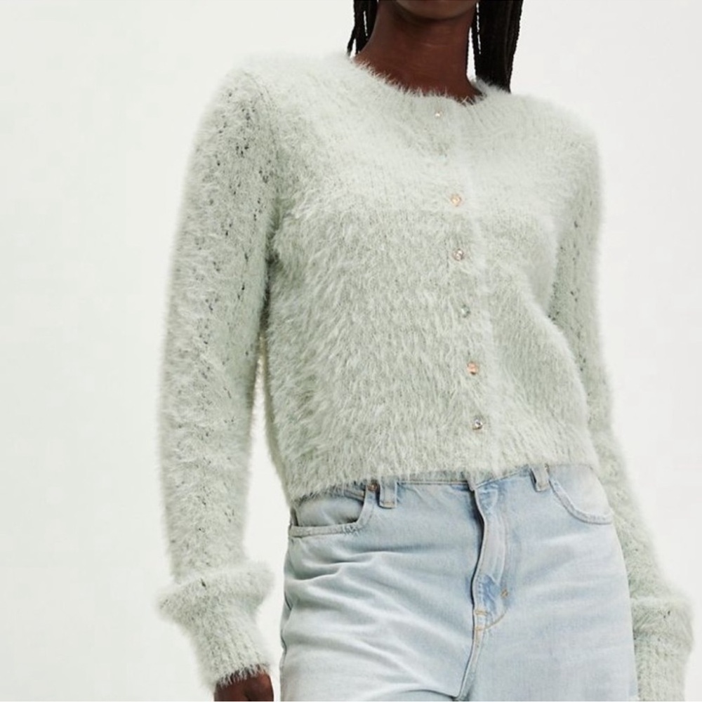 Free People Celeste Fuzzy Sweater Cardigan in Seafoam